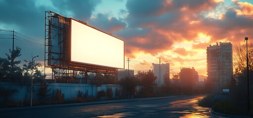Empty Billboard Mockup Beside Quiet Urban Road at Sunset – Outdoor Advertising Scene with Vibrant Sky and City Buildings

