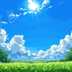 Fototapeta premium Pixel Art Landscape Illustration Sunny Day