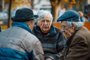 Elderly people sitting in the street on a sunny autumn day