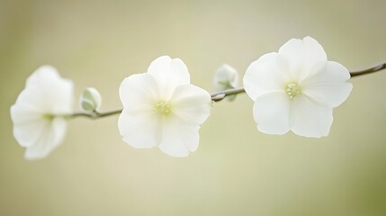 Fototapeta premium Elegant White Flowers on Branch Soft Pastel Background Botanical Photography