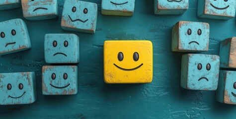 Single yellow wooden block with happy face surrounded by multiple blue wooden blocks with various sad and neutral expressions on a textured blue surface