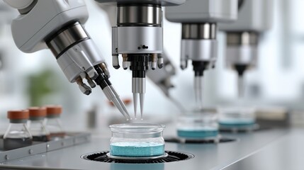 A robotic workstation featuring multiple robotic hands adorned with finetipped tools each performing different tasks like stirring pipetting and analyzing all synchronized through a