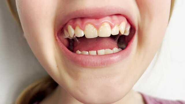 Close up of a nine years old girl sticking out her tongue playfully. The image focuses on the lower part of her face with a neutral indoor background.
