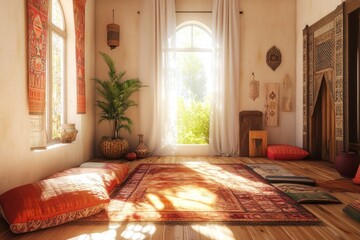 A serene, sun-drenched interior space.  Detailed with  warm colors,  textures, and traditional Middle Eastern design elements