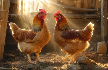 Two brown chickens standing on dirt inside a rustic wooden coop illuminated by warm sunlight filtering through the openings, with dust particles visible in the air