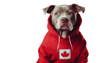 Focused image of a dog dressed in a red hoodie with a Canada flag patch, sitting contently and showing national spirit isolated on white background PNG