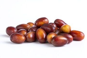 Fototapeta premium A pile of jujubes, showcasing their rich, reddish-brown hues against a stark white background.