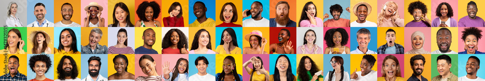 Poster Faces of individuals from various backgrounds display smiles and excitement in a colorful collection. Each portrait captures the essence of joy and diverse unity, showcasing diversity.