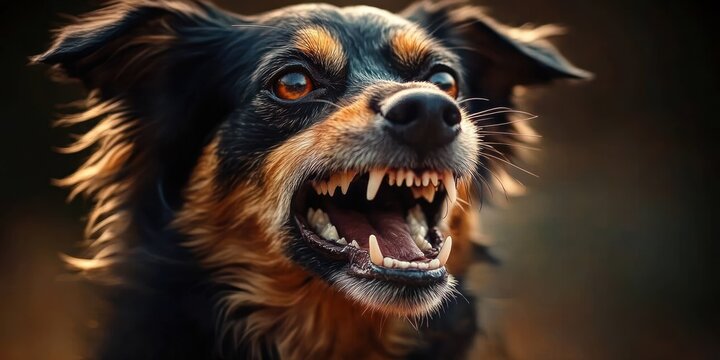 Close-up of an aggressive small dog baring sharp teeth with intense eyes and flared fur in a blurred natural background