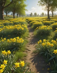 Lush green meadow bursting with bright yellow daffodils, sunny spring day,  serene,  close up,  grass