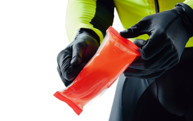 Rider grabbing an energy gel packet to fuel up, focused on maintaining energy levels during a cycling competition isolated on white background PNG