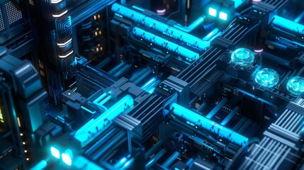 Fototapeta premium isometric D AI server farm with glowing data streams and cooling vents neon blue and black .