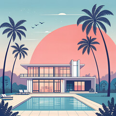 Stylized Tropical Villa with Pool and Palm Trees at Sunset — Retro Futuristic AI Illustration

