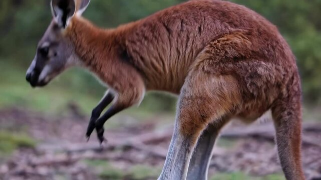 Curious kangaroo hopping through australian forest habitat