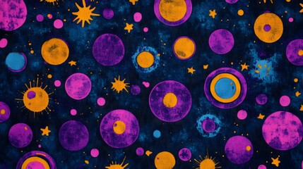 Cosmic Circles Galaxy Print,  Vibrant Purple Pink Orange Yellow Stars Space Pattern
