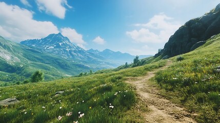 Naklejka premium Scenic Mountain Trail with Lush Green Grass and Snow-Capped Peaks Under a Blue Sky