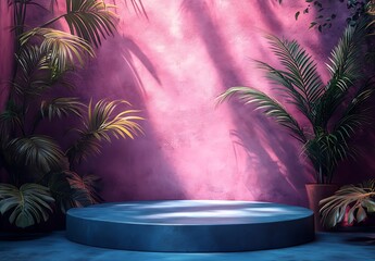 Vibrant Pink Backdrop Mockup with Tropical Plants and Circular Blue Platform in Serene Setting

