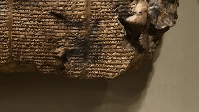 Close-up of ancient clay tablet featuring rows of cuneiform inscriptions, providing a glimpse into historical writing techniques and archaic documentation practices.