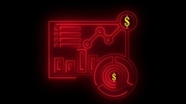 Finance dashboard neon animation with glowing red chart and dollar symbols on dark background. 4K video