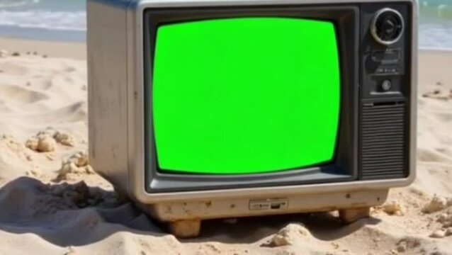 Old VHS TV Green Screen Beach Shore Vintage Television Zoom In. Old VHS television with green screen laying on the sand of a beach on a sunny day,generative AI