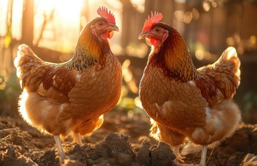 Fototapeta premium Two brown and orange chickens standing on soil with warm sunlight in the background creating a golden glow