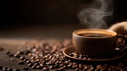 Obraz premium Steaming espresso cup with coffee beans, warm brown tones - the essence of rich coffee moments