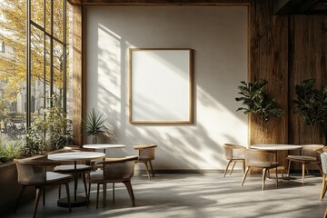 Fototapeta premium Stylish interior cafe scene with large blank poster.