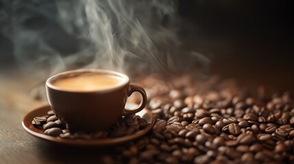 Fototapeta premium Steaming espresso cup with coffee beans, warm brown tones - the essence of rich coffee moments