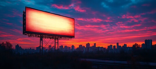 Large Blank Billboard Mockup Against Vibrant Sunset Sky with Silhouetted City Skyline in Distance

