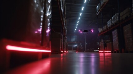 Within a hightech warehouse a of glowing drop zones aglow with vibrant LED lights directs drones in a choreographed dance illustrating the seamless integration of AI systems managing
