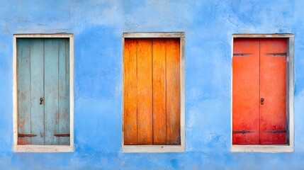 Three Colorful Wooden Shutters on Blue Wall