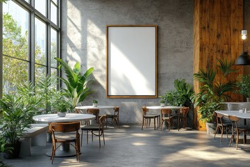 Modern cafe interior with large blank canvas.