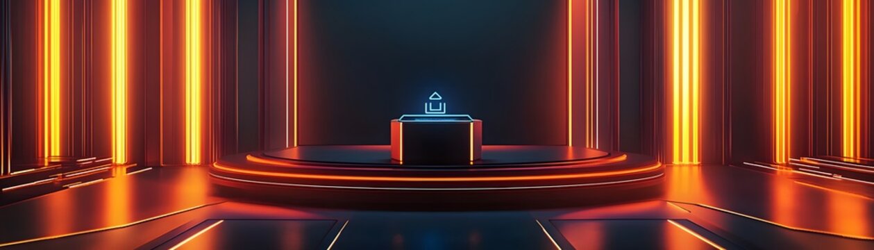 A futuristic stage with vibrant neon lighting.