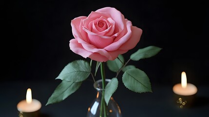 Fototapeta premium Pink Rose in Glass Vase with Candles Dark Background