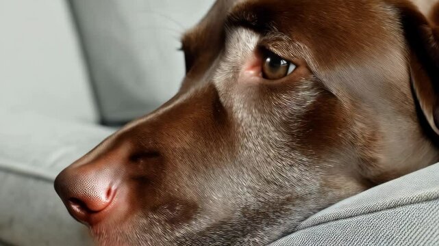 Close up of a Brown Shorthaired Pointer dog resting its head on a grey sofa, looking thoughtfully forward with golden eyes, detail of the soft fur and sleepy expression.