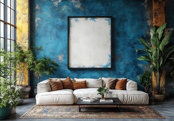 Cozy Living Room Mockup with White Sofa, Brown Cushions, Coffee Table, and Empty Frame on Textured Blue Wall – Interior Design Scene

