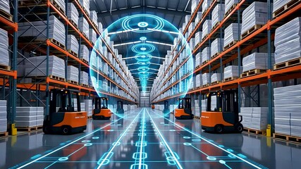 Automated Warehouse with Forklifts and Digital Logistics Interface - Powered by Adobe