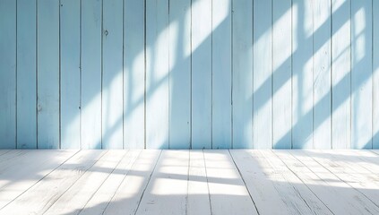 Empty Room With Light Blue Wooden Wall And White Wooden Floor