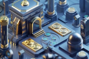 isometric D decentralized finance platform with staking coins and vault gold and blue on vault .