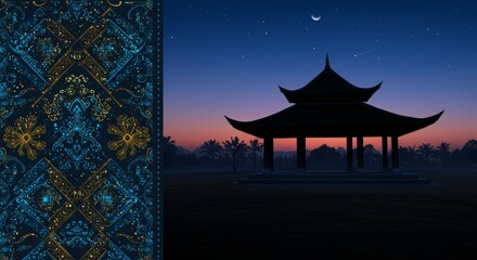 Fototapeta premium Ancient Pagoda Silhouette At Twilight With Starry Sky And Teal Geometric