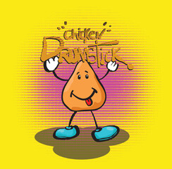 Funny chicken drumstick cartoon character holding its name on yellow background