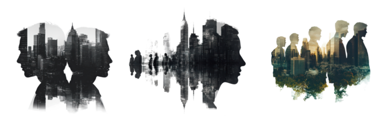 Silhouettes of people against a vibrant city skyline isolated on transparent background