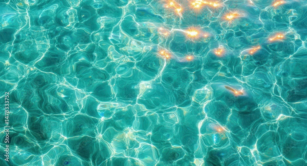 Wall mural sunlight reflecting and shimmering on clear blue water surface creating sparkling bright patterns