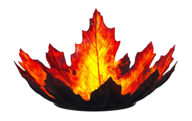 Firepit with red flames shaped like a maple silhouette, rising in a warm and inviting evening glow isolated on white background PNG