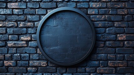 Circular Blank Black Sign Mockup Mounted on Textured Dark Brick Wall with Minimalist Modern Aesthetic

