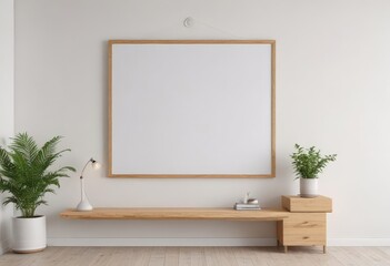 Bright interior, poster mockup hanging with clips, light wood frame, white wall, hanging, surface
