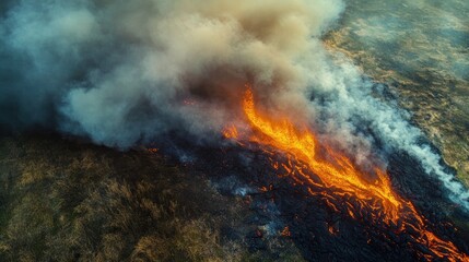 Fototapeta premium Aerial view of a wildfire burning dry grassy land with thick smoke rising and bright orange flames consuming the area, creating a dramatic and intense scene