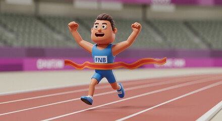 Fototapeta premium 3d Rendering of Athlete Crossing Finish Line at Stadium Animated Cartoon Man Celebrating Victory in Blue Outfit Against Blurred Green Background