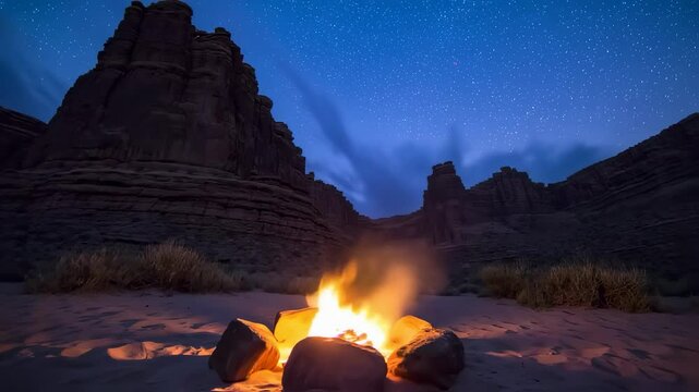 Night in the Canyon with Relaxing Campfire Fire Burning