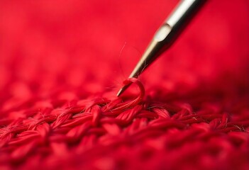 Generative AI A needle piercing through vibrant crimson woven material